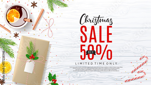 Christmas Promo Web Banner with Festive Composition. Top View on Xmas Decoration with Paper Gift Boxes for Happy New Year. Vector Illustration with Discount Sale. Greeting Card with Lettering.