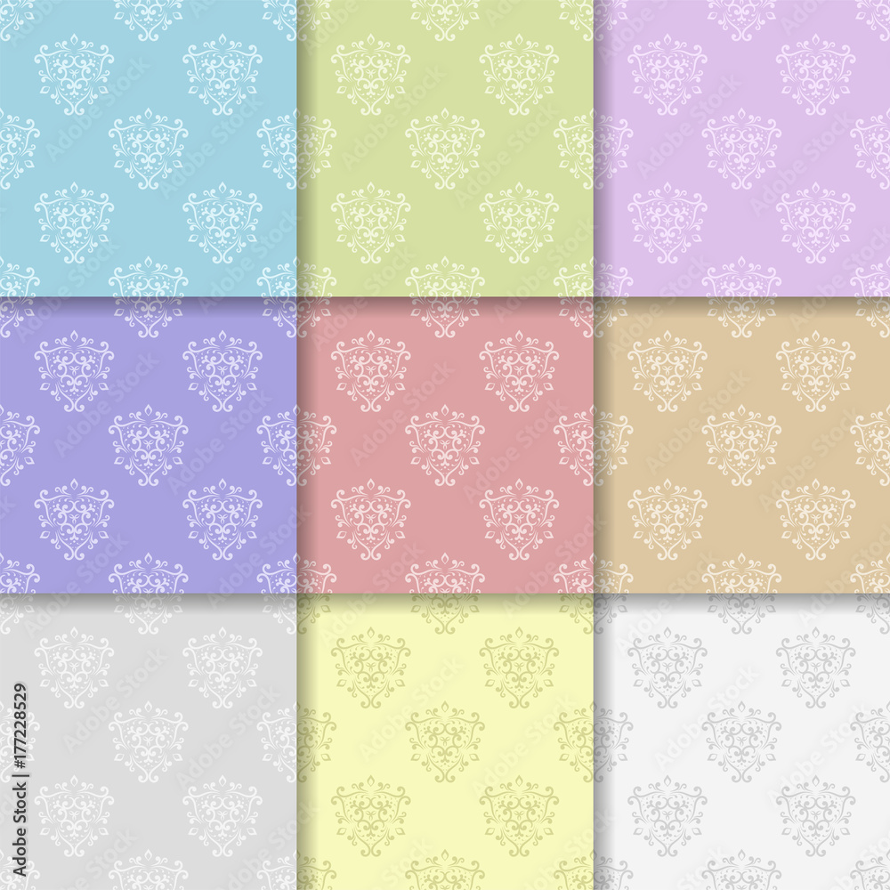 Wallpaper set of colored seamless patterns with floral ornaments