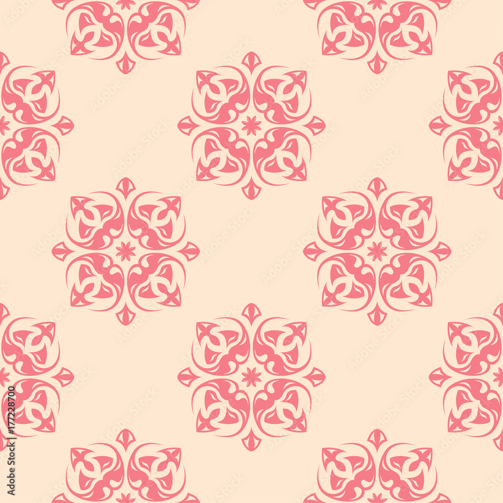 Red flowers on beige background. Seamless pattern