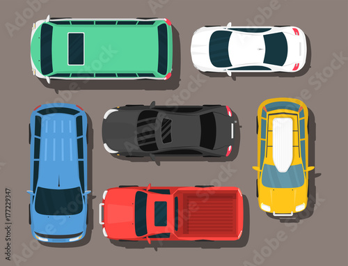 Top view colorful car toys pickup automobile transport wheel transportation design auto vector illustration.