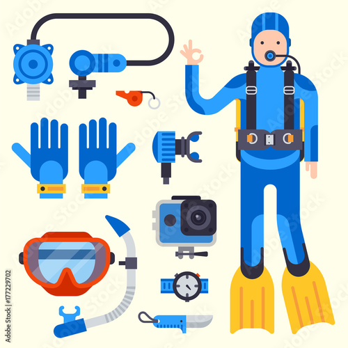 Set of flat elements for spearfishing diving underwater protective sea diver equipment vector professional hunter tools.