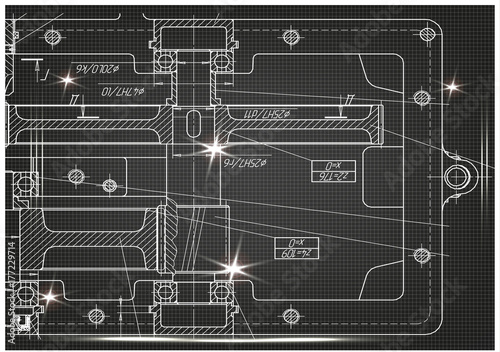 Machine-building drawings on a black background