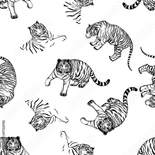 Seamless pattern of hand drawn sketch style tigers. Vector illustration isolated on white background.