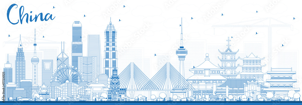 Outline China City Skyline. Famous Landmarks in China.