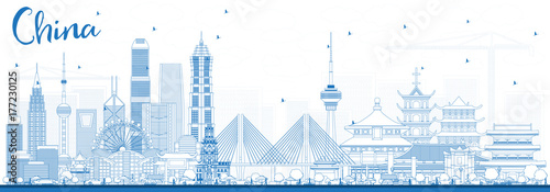 Outline China City Skyline. Famous Landmarks in China.