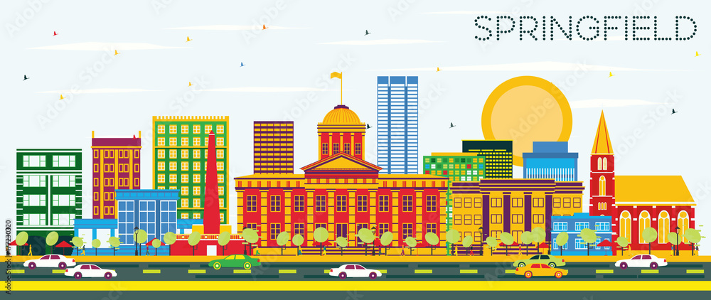 Naklejka premium Springfield Skyline with Color Buildings and Blue Sky.