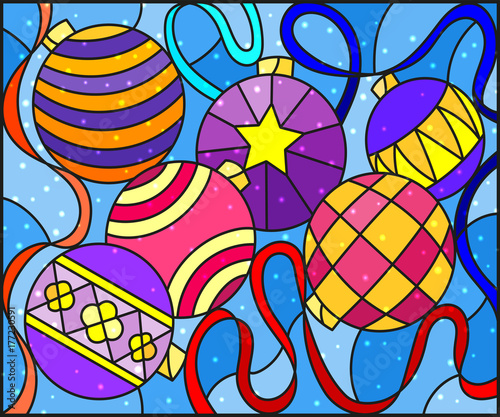 Illustration in stained glass style with still life of new year toys and serpentine