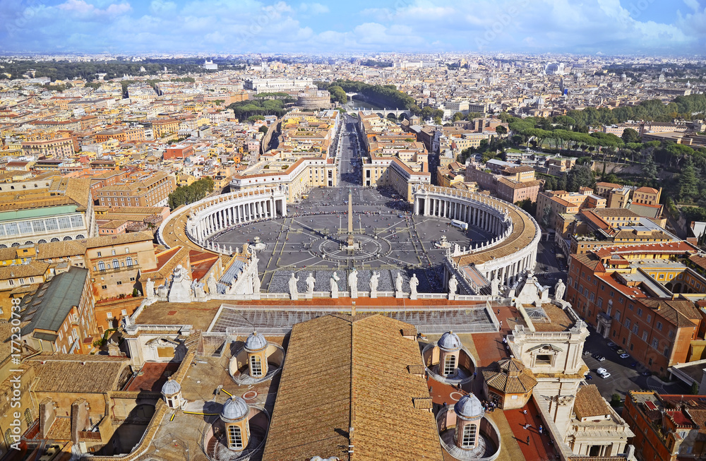 Panorama of saint Peter square  in  Vatican and aerial view of the city Rome , Italy