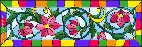 Illustration in stained glass style with abstract  swirls and leaves  on a blue background,horizontal orientation