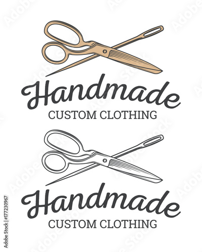 Tailor shop emblem or signage with business information vector illustration in retro style. Custom, individual sewing handiwork small business brand sticker, label or badge design template