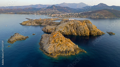 Vista aerea del Faro della Pietra al tramonto e della torre genovese, L’Ile-Rousse, Isola Rossa Corsica, Corsica, Francia
 photo