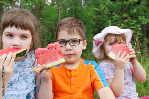 Three happy children eat red fresh watermelon in green summer park photo