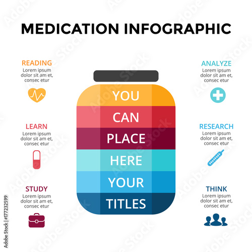Vector pills treatment infographic, medical diagram, healthcare graph, hospital presentation, emergency chart. Medicine doctor logo. Concept with 6 options, parts, steps, processes.