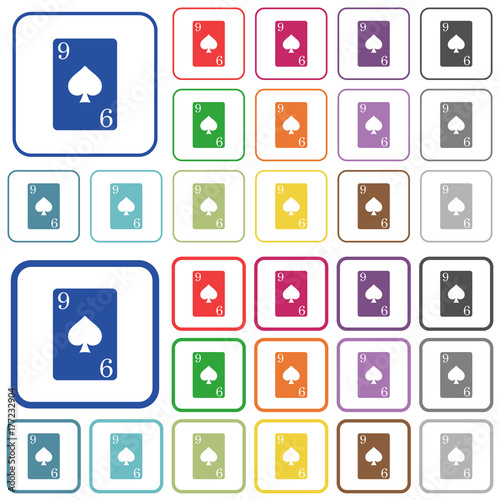 Nine of spades card outlined flat color icons