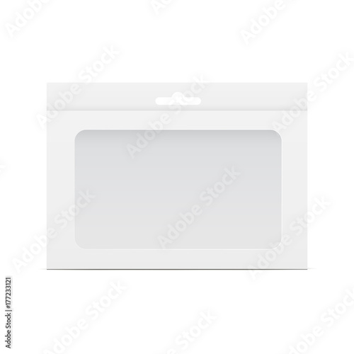 Paper box mockup with window and hang tab isolated on white background - front view. Packaging for mobile phone accessories. Vector illustration