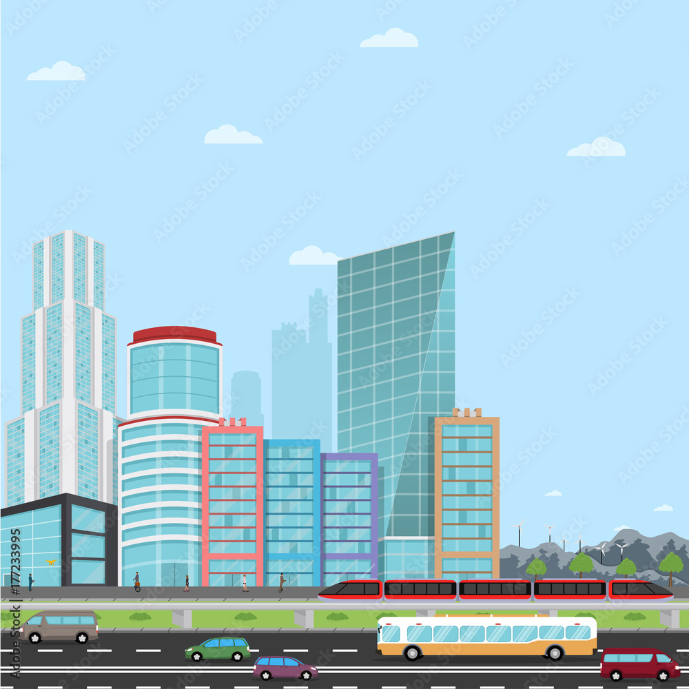 Road in a Modern City View Skyscraper, business men, drone, business man with a hoverboard Road in a Modern City View Skyscraper, business men, drone, business man with a hoverboard
