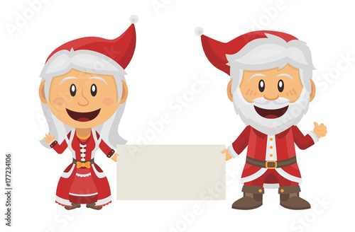 Père Noël et Mère Noël tenant une bannière
