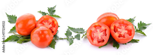 Fresh red tomatoes on a white background.