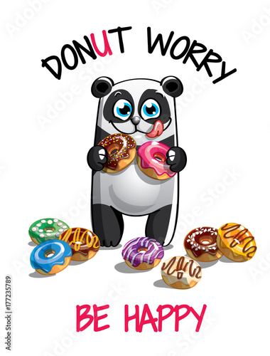 Fototapeta Naklejka Na Ścianę i Meble -  Vector illustration of cartoon panda with donuts.