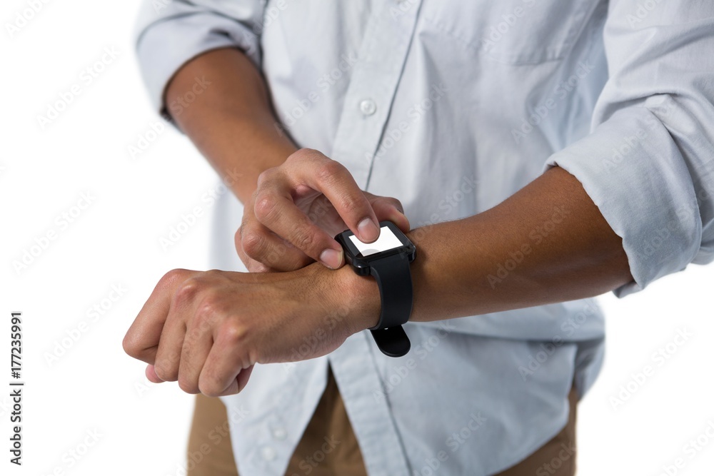 Man using smartwatch against white background Man using smartwatch against white background