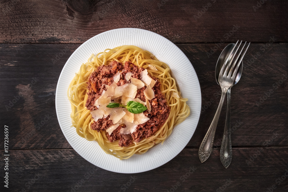 Pasta bolognese on rustic background with copyspace Pasta bolognese on rustic background with copyspace