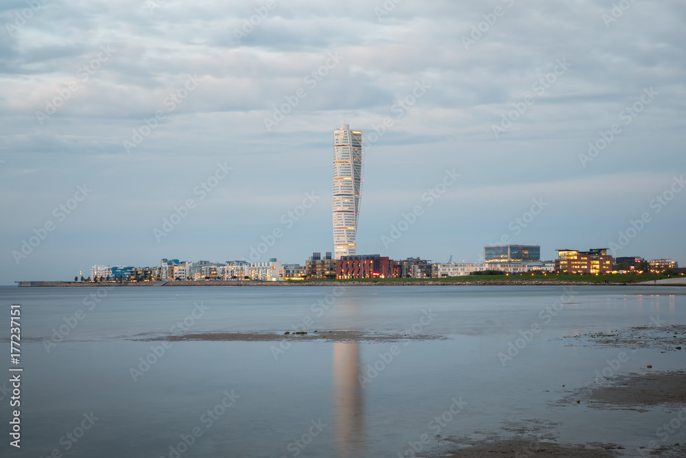 Malmo west harbor Area with modern architecture with skyscraper Turning Torso.