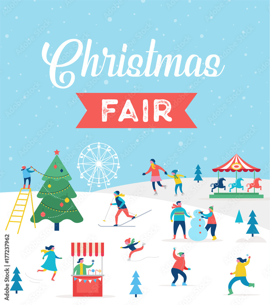 Winter sport scene, Christmas street event, festival and fair, with people, families make fun