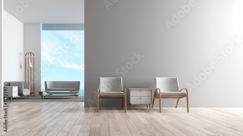 Modern interior living room wood floor with sofa set. wating chair in front of living room sea view summer 3d rendering © moospacestudio