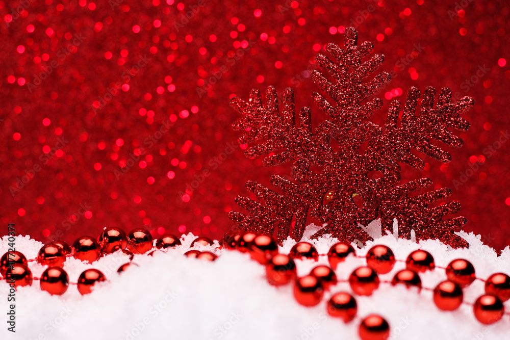 Christmas composition of Christmas tree toys on a red background Christmas composition of Christmas tree toys on a red background