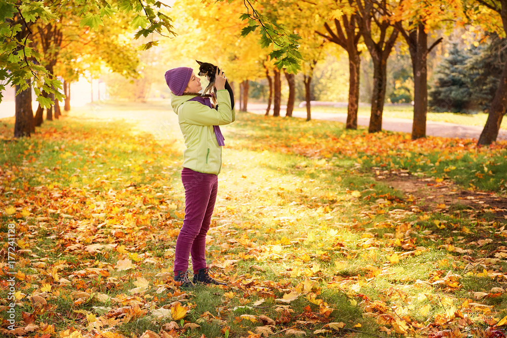 baby girl in autumn leaves in the Park in the fresh air.girl playing with a small dog outdoors in autumn.