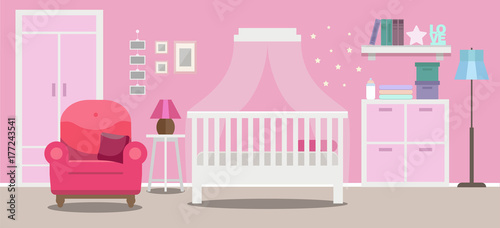 Cozy Nursery interior, baby girl's room, flat style vector illustration template
