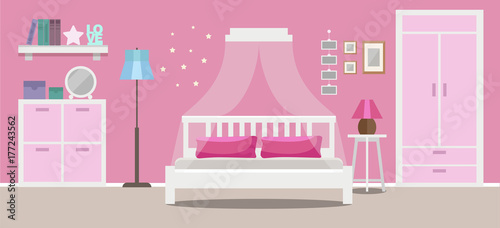 Girl's room interior, teenager room, pink colors, flat style vector illustration template