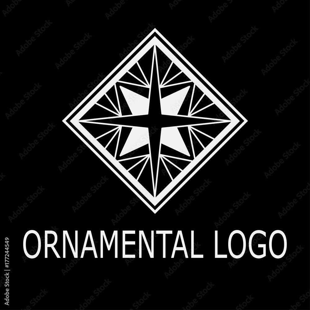 Ornamental white geometrical logo on dark background. Template for design. Vector illustration eps10 Ornamental white geometrical logo on dark background. Template for design. Vector illustration eps10
