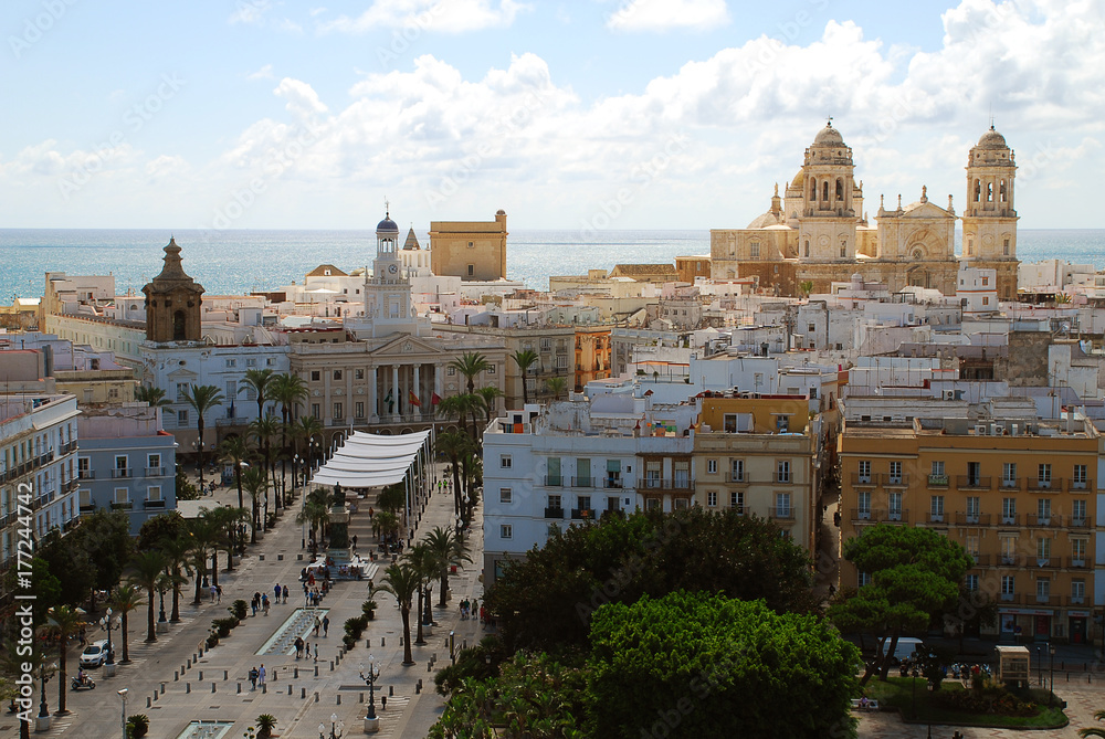 View of the town hall and the cathedral of Cadiz
