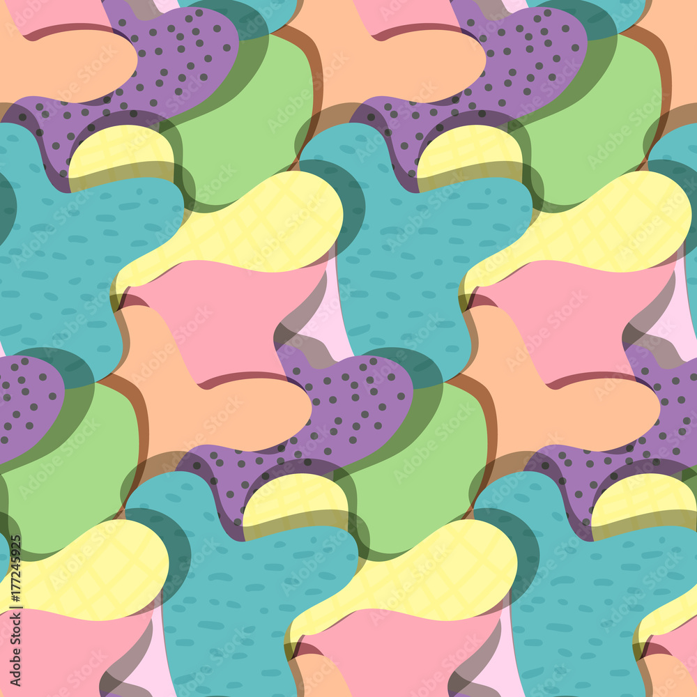 Abstract color blots with shadow seamless pattern in memphis style. Fashion texture in trendy pastel colors with spots and dots for textile, cover, surface, banner design, wallpaper, background