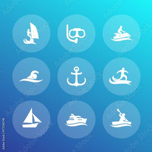 water sports icons set, surfing, sailing, diving, swimming pictograms © nexusby
