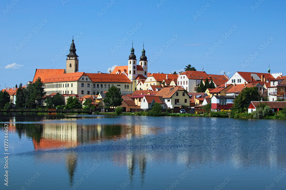 Telc is a town in southern Moravia in the Czech Republic. Telc Castle and city reflected in lake. A UNESCO World Heritage Site