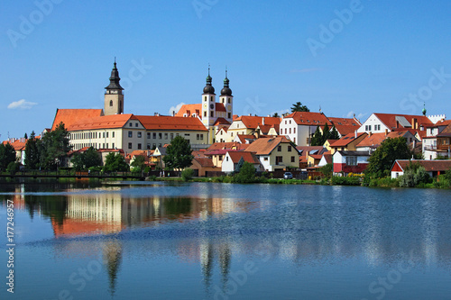 Telc is a town in southern Moravia in the Czech Republic. Telc Castle and city reflected in lake. A UNESCO World Heritage Site