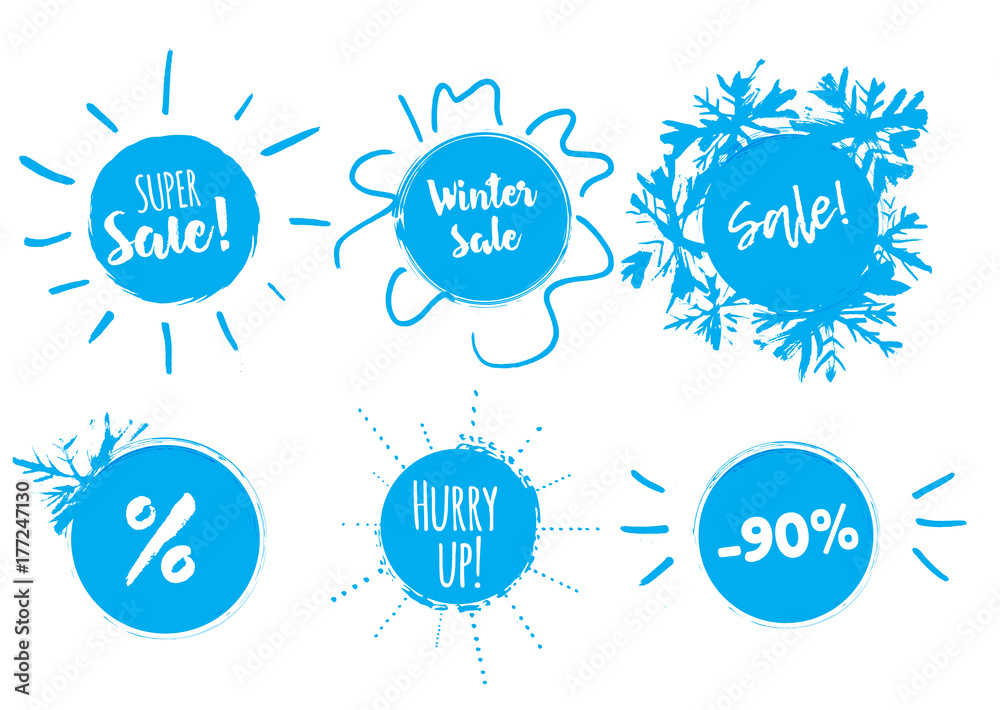 Obraz premium Winter sale banner with stains and snowflakes. Season clearence discount stamp
