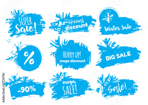 Winter sale banner with stains and snowflakes. Season clearence discount stamp