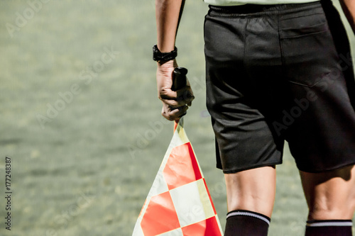 Motion blur Assistant referee or linesman are moving along the sideline during a soccer match or football match at the stadium . photo