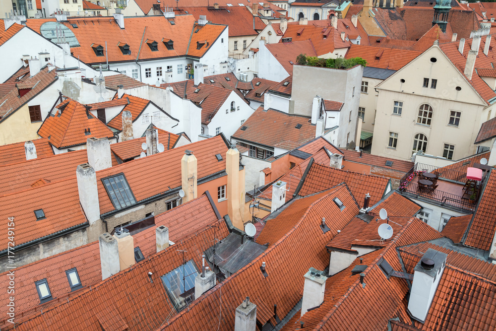 Red roofs of old buildings at the Mala Strana District (Lesser Town) in Prague, Czech Republic, viewed from above.