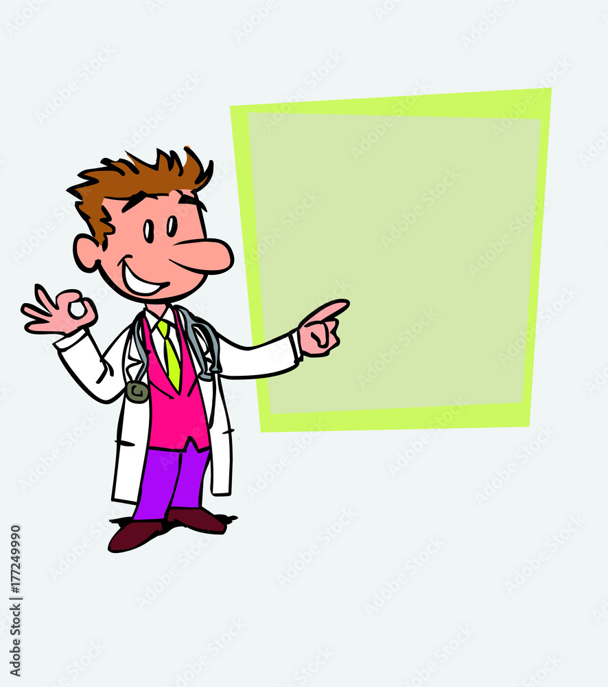 Happy white doctor makes the gesture of ok. Is showing, as in a presentation, the data you want. Happy white doctor makes the gesture of ok. Is showing, as in a presentation, the data you want.
