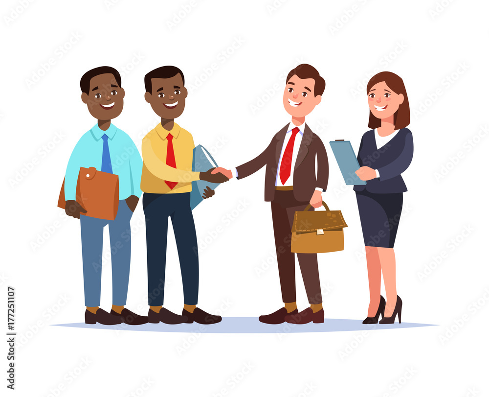 Vector illustration african business team contracts with partners