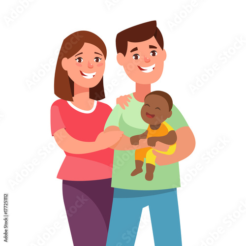 Vector illustration happy young couple with foster baby. Portrait of a father, mother and adoption african kid in cartoon style. Multiracial family