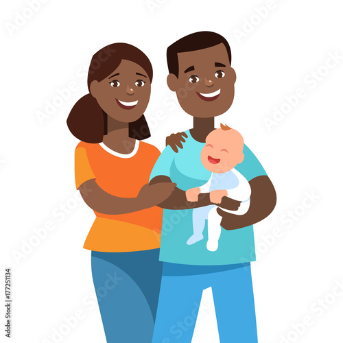 Vector illustration happy young african american family with foster baby. Portrait of a father, mother and kid in cartoon style. Multiracial family