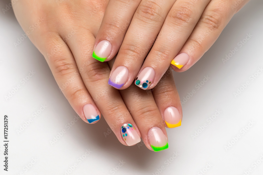 Multicolored yellow, blue, green and purple french manicure with sparkles candy on square long nails
