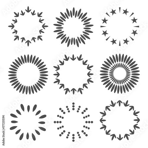 Abstract line arrow star dotted round frame set. Round wheat wreaths shape. Flat design. White background. Isolated.