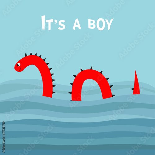 Its a boy. Baby shower. Water monster thorns, eye, tail Swimming floating Sea ocean wave. Snake shape. Loch Ness Nessy fictional creature. Cute cartoon character. Flat design. Blue background.
