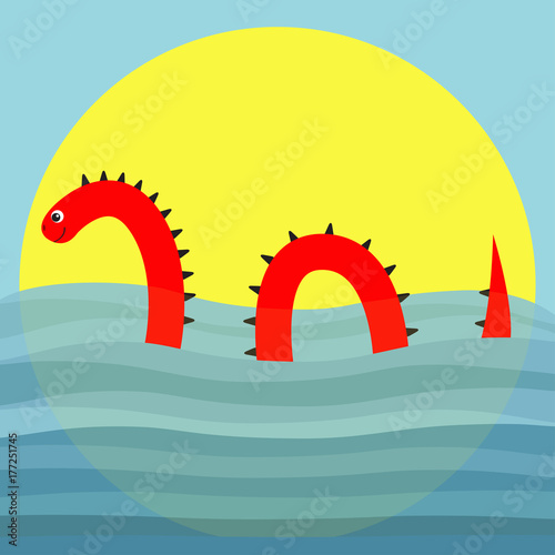 Water monster with thorns, eye, tail Swimming floating Sea ocean wave sunset. Loch Ness Nessy fictional creature. Snake shape. Cute cartoon character. Baby collection. Flat design. Blue background sun